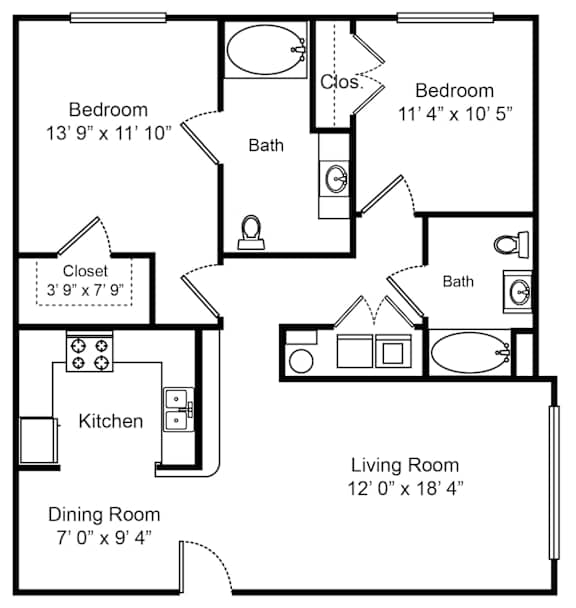 A black and white image of a floor plan for a home with a living room, dining room, kitchen, and two bedrooms.
