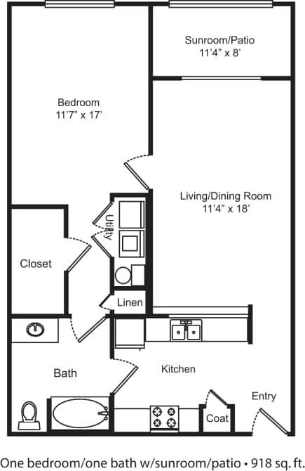 A floor plan of a one bedroom/one bath with sunroom/patio.