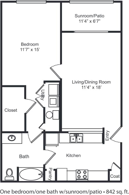 A floor plan of a one bedroom/bath with sunroom/patio.