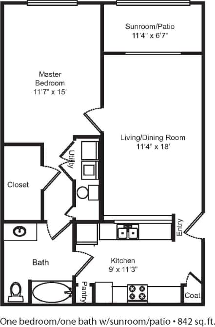 A floor plan of a small apartment with one bedroom and one bathroom.
