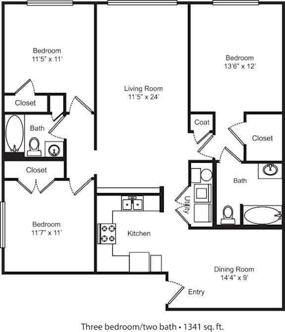 A black and white image of a three bedroom, two bathroom floor plan.
