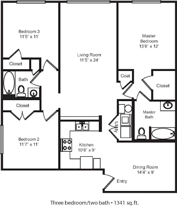 A black and white image of a three bedroom apartment layout.
