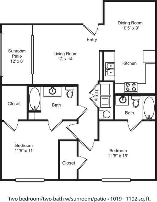 A black and white image of a two bedroom apartment floor plan.