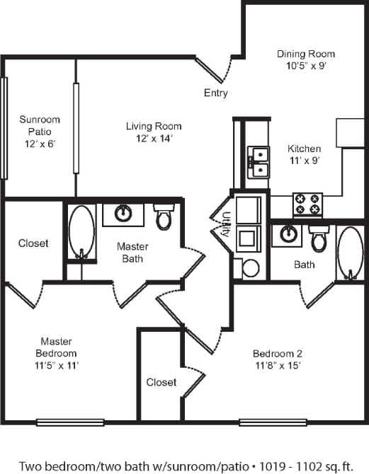 A black and white image of a two bedroom apartment floor plan.
