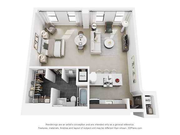 A 3D floor plan of a small apartment with a kitchen, living room, and bathroom.