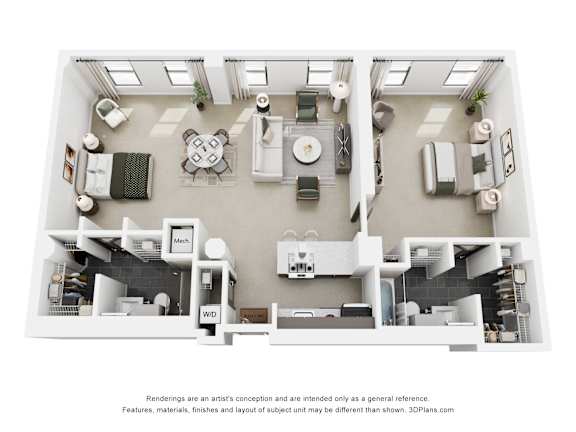 A 3D floor plan of a house with a kitchen, living room, dining room, and bathrooms.