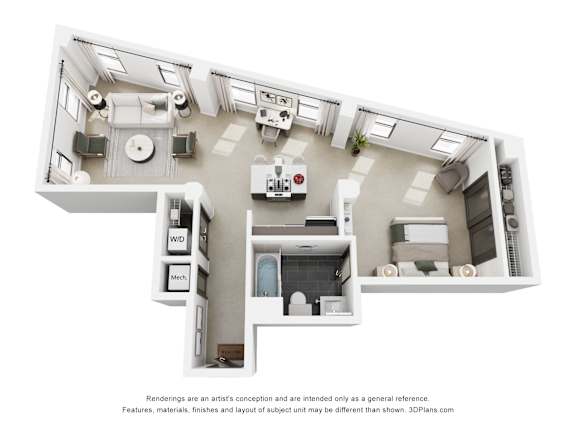 A 3D floor plan of a house with rooms labeled.
