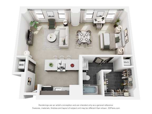 A 3D floor plan of a small apartment with a kitchen, living room, and bathroom.