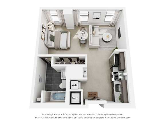 A 3D floor plan of a small apartment with a kitchen, living room, and bathroom.