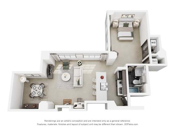 A 3D floor plan of a small apartment with a kitchen, living room, and bathroom.