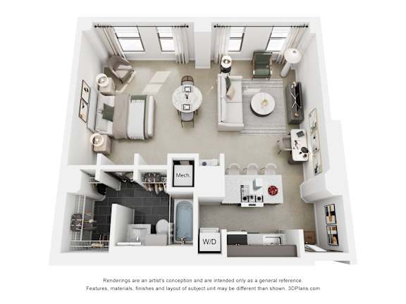 A 3D floor plan of a small apartment with a kitchen, living room, and bathroom.