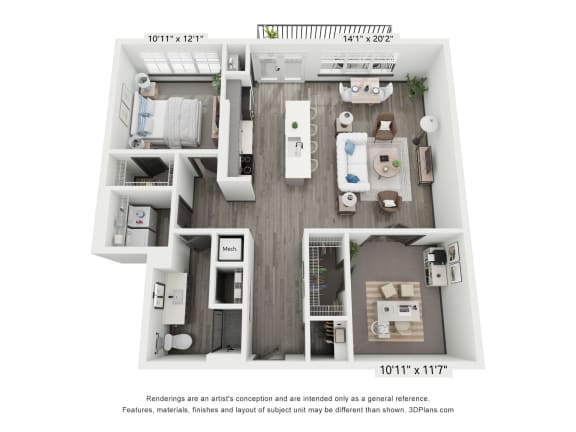 1 bed 1 bath plus den floorplan