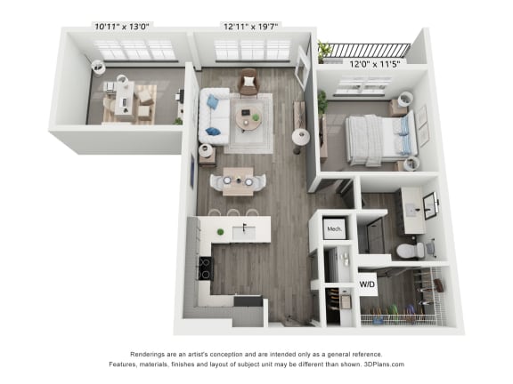 1 bed 1 bath plus den floorplan