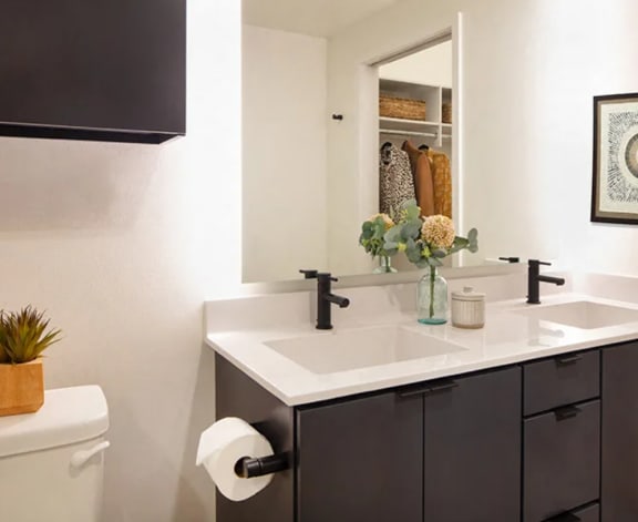 Bathroom with Black Cabinetry, Double Sinks, and Backlight Mirror at North+Vine in Chicago, IL