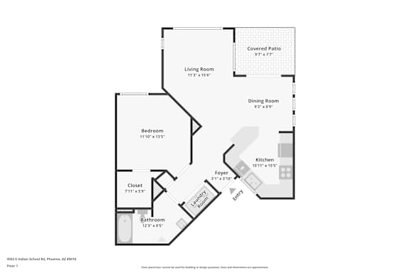 A floor plan of a house with a living room, dining room, kitchen, bedroom, bathroom and closet.
