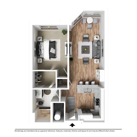 A floor plan of a small apartment with a kitchen, living room, and bathroom.