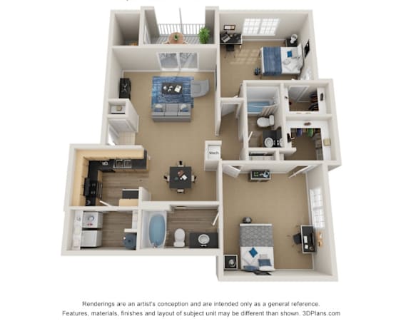 A 3D floor plan of a house with a kitchen, living room, and two bedrooms.