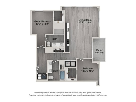 us state floor plan | 2 bedroom with 2 bath | 1126 square feet | the mel