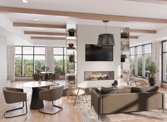 a rendering of a living room with a fireplace and a table and chairs