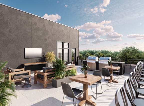 a rendering of a rooftop patio with tables and chairs and a tv