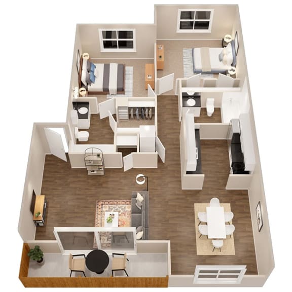a 3d drawing of a bedroom with a living room and dining room