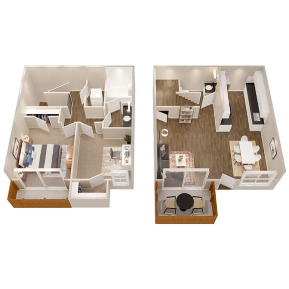 a stylized floor plan with a bedroom and living room