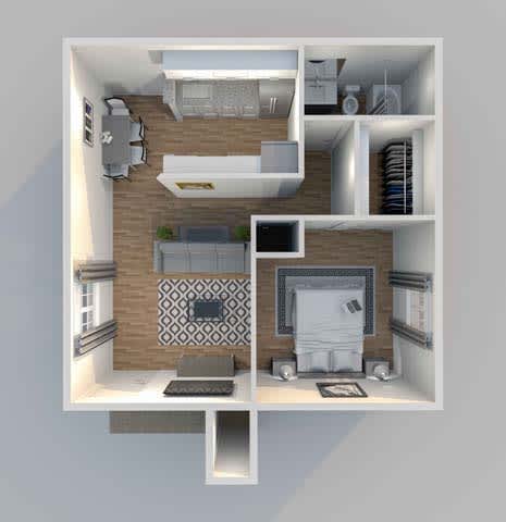 a 3d drawing of a house with a desk and a laptop