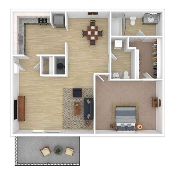a stylized floor plan with a bedroom and a living room