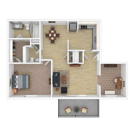 a stylized floor plan with a bedroom and a living room