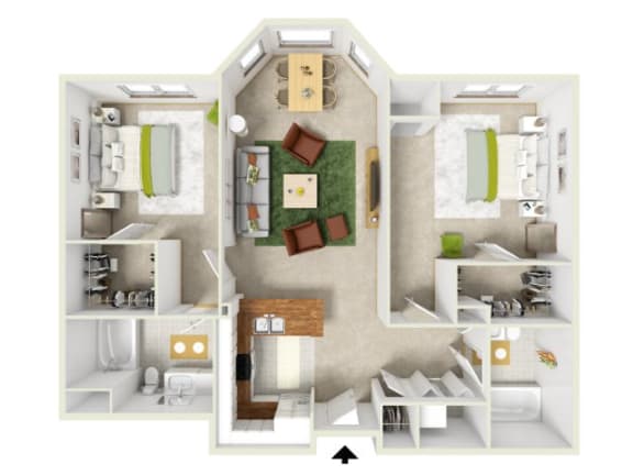 a 2 bedroom floor plan with a bathroom and a living room