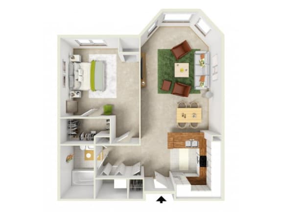 a stylized floor plan with a bedroom and living room