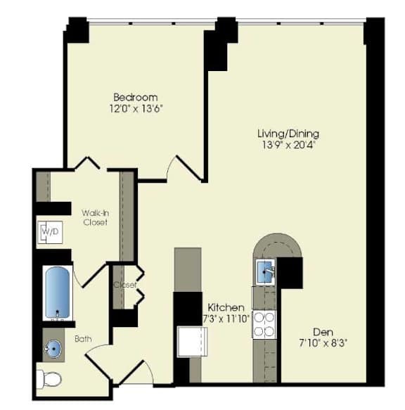 a floor plan of a room with a bedroom and a hallway