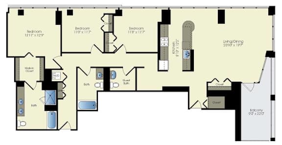 a floor plan of a house with severalartments and a staircase