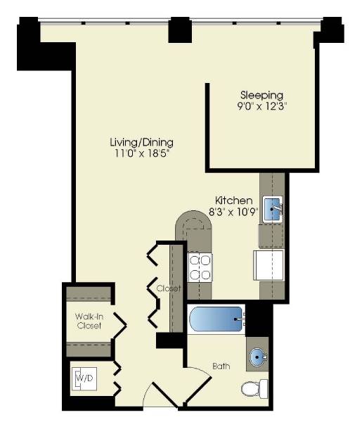 a floor plan of a room with a bedroom and a bathroom