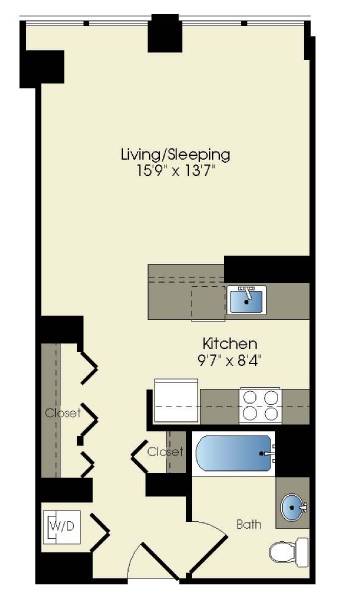 floor plan of a small apartment with a bedroom and a bathroom