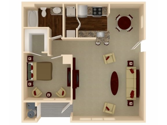 a stylized floor plan with a bedroom and living room