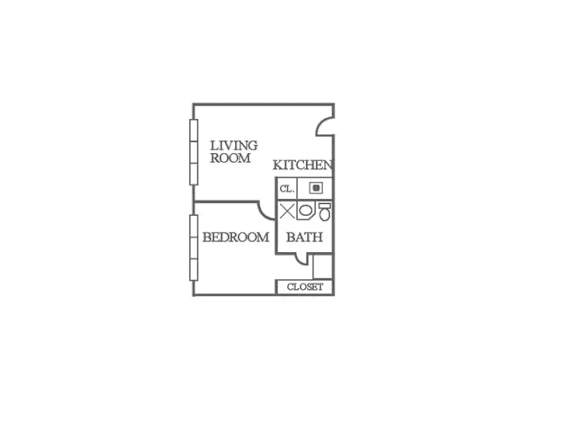 a floor plan of a living room with a kitchen and a bathroom