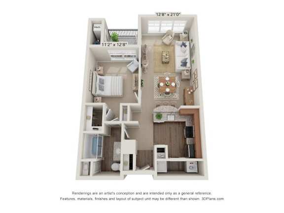 A 3D floor plan of a small apartment with a kitchen, living room, and bathroom.