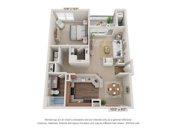 A 3D floor plan of a small apartment with a kitchen, living room, and bathroom.