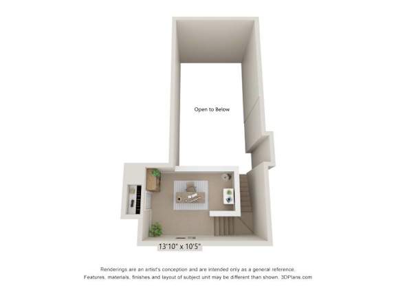 A 3D floor plan of a small apartment with a kitchen, living room, and bathroom.
