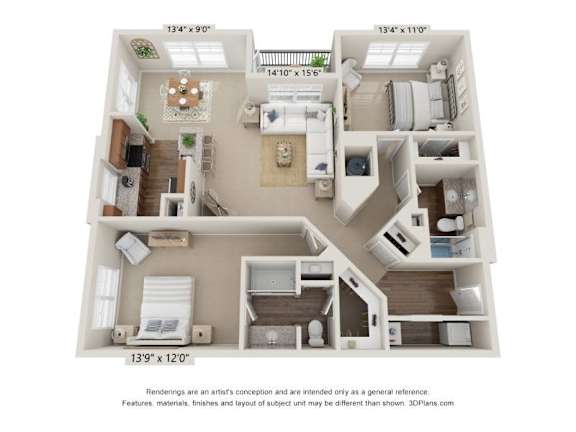 A 3D floor plan of a house with a kitchen, living room, and two bedrooms.