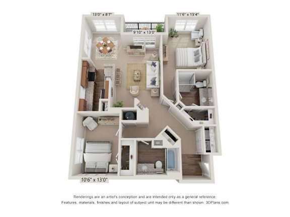 A floor plan of an apartment with three bedrooms, two bathrooms, and a living area.
