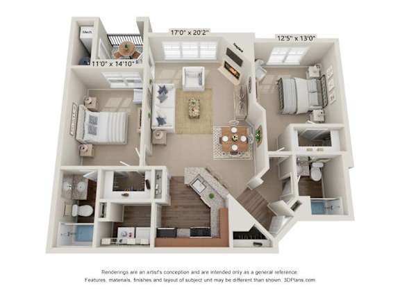 A 3D floor plan of a house with a kitchen, living room, and two bedrooms.
