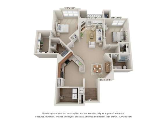 A 3D floor plan of a house with a kitchen, living room, and two bedrooms.