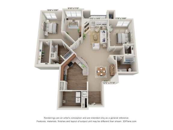 A 3D floor plan of a house with a kitchen, living room, and two bedrooms.