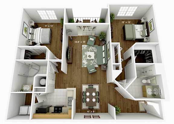 A 3D floor plan of a two-bedroom apartment with a living room, kitchen, and bathroom.