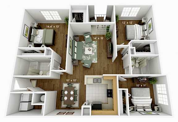 A 3D floor plan of a small apartment with dimensions and furniture layout.