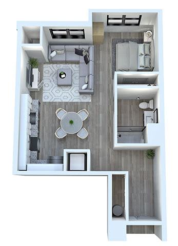 A floor plan of a small apartment with a kitchen, living room, and bathroom.