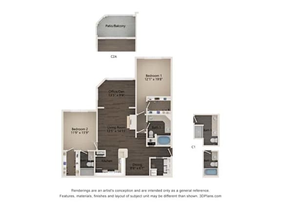 A floor plan of a residential unit with a living room, two bedrooms, a bathroom, and a kitchen.