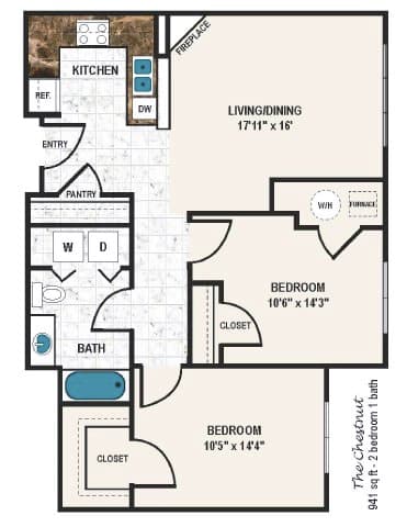 A floor plan of a home with a living room, two bedrooms, a pantry, a kitchen, and a bath.